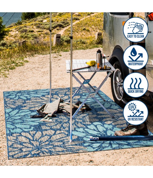 SANTA MONICA Area Rug Zinnia Modern Floral Textured Weave Navy/Aqua 5' Square Indoor/Outdoor Area Rug