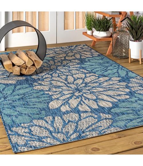 SANTA MONICA Area Rug Zinnia Modern Floral Textured Weave Navy/Aqua 8 ft. x 10 ft. Indoor/Outdoor Area Rug