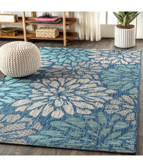 SANTA MONICA Area Rug Zinnia Modern Floral Textured Weave Navy/Aqua 8 ft. x 10 ft. Indoor/Outdoor Area Rug