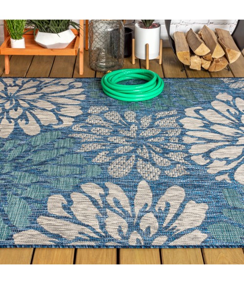 SANTA MONICA Area Rug Zinnia Modern Floral Textured Weave Navy/Aqua 8 ft. x 10 ft. Indoor/Outdoor Area Rug