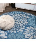 SANTA MONICA Area Rug Zinnia Modern Floral Textured Weave Navy/Aqua 6' Round Indoor/Outdoor Area Rug