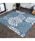 SANTA MONICA Area Rug Zinnia Modern Floral Textured Weave Navy/Aqua 5' Square Indoor/Outdoor Area Rug