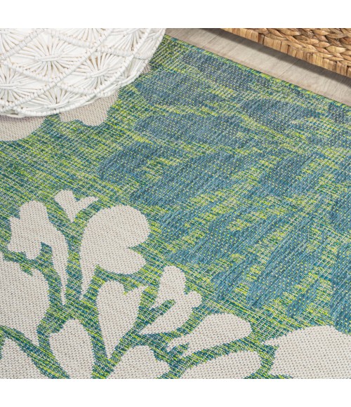 SANTA MONICA Area Rug Zinnia Modern Floral Textured Weave Cream/Green 5' Square Indoor/Outdoor Area Rug
