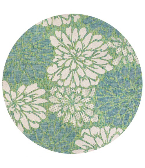 SANTA MONICA Area Rug Zinnia Modern Floral Textured Weave Cream/Green 5' Round Indoor/Outdoor Area Rug