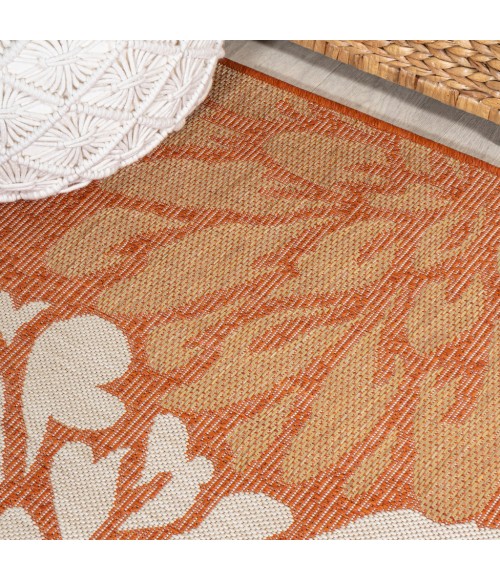 SANTA MONICA Area Rug Zinnia Modern Floral Textured Weave Orange/Cream 5' Square Indoor/Outdoor Area Rug