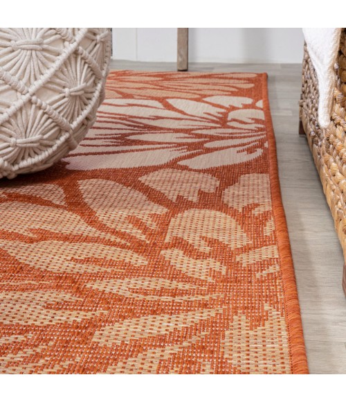 SANTA MONICA Area Rug Zinnia Modern Floral Textured Weave Orange/Cream 5' Square Indoor/Outdoor Area Rug