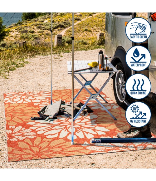 SANTA MONICA Area Rug Zinnia Modern Floral Textured Weave Orange/Cream 5' Square Indoor/Outdoor Area Rug