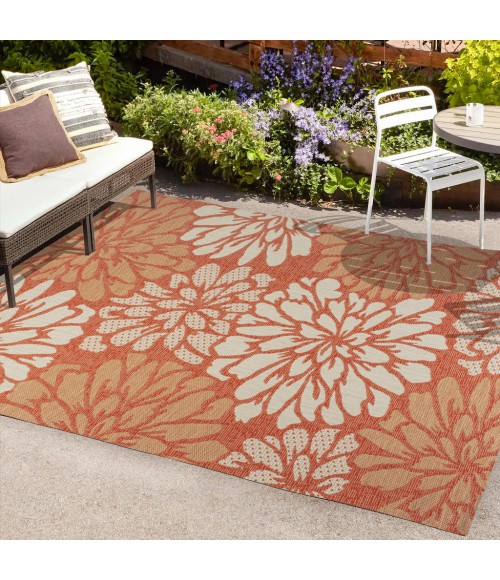 SANTA MONICA Area Rug Zinnia Modern Floral Textured Weave Orange/Cream 4 ft. x 6 ft. Indoor/Outdoor Area Rug