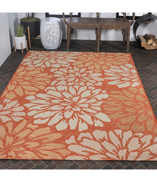 SANTA MONICA Area Rug Zinnia Modern Floral Textured Weave Orange/Cream 4 ft. x 6 ft. Indoor/Outdoor Area Rug