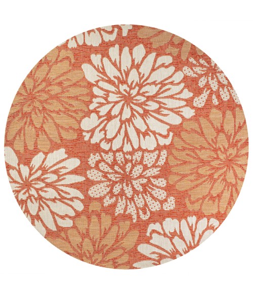SANTA MONICA Area Rug Zinnia Modern Floral Textured Weave Orange/Cream 5' Round Indoor/Outdoor Area Rug