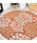SANTA MONICA Area Rug Zinnia Modern Floral Textured Weave Orange/Cream 5' Round Indoor/Outdoor Area Rug