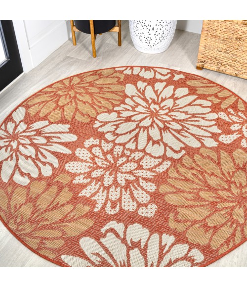 SANTA MONICA Area Rug Zinnia Modern Floral Textured Weave Orange/Cream 5' Round Indoor/Outdoor Area Rug