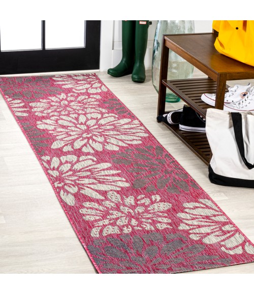 SANTA MONICA Area Rug Zinnia Modern Floral Textured Weave Fuchsia/Light Gray 2 ft. x 8 ft. Indoor/Outdoor Runner Rug