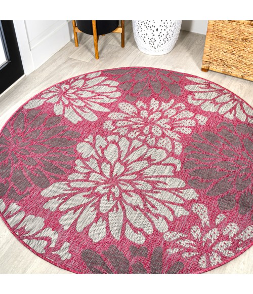 Zinnia Modern Floral Textured Weave Fuchsia/Light Gray 5' Round Indoor/Outdoor Area Rug