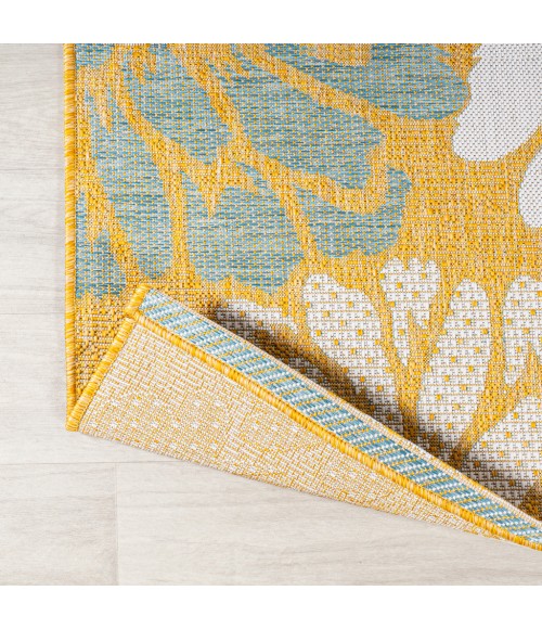 SANTA MONICA Area Rug Zinnia Modern Floral Textured Weave Yellow/Cream 5' Round Indoor/Outdoor Area Rug