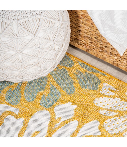 SANTA MONICA Area Rug Zinnia Modern Floral Textured Weave Yellow/Cream 5' Round Indoor/Outdoor Area Rug