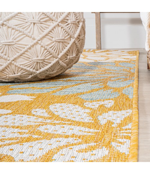 SANTA MONICA Area Rug Zinnia Modern Floral Textured Weave Yellow/Cream 5' Round Indoor/Outdoor Area Rug