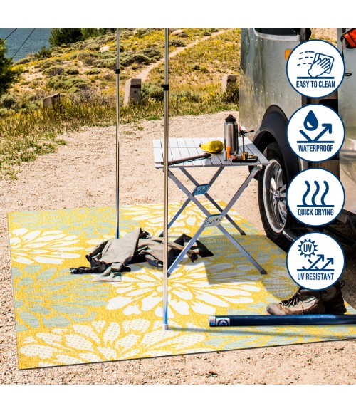 SANTA MONICA Area Rug Zinnia Modern Floral Textured Weave Yellow/Cream 5' Round Indoor/Outdoor Area Rug