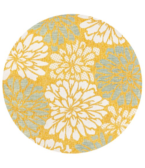 SANTA MONICA Area Rug Zinnia Modern Floral Textured Weave Yellow/Cream 5' Round Indoor/Outdoor Area Rug