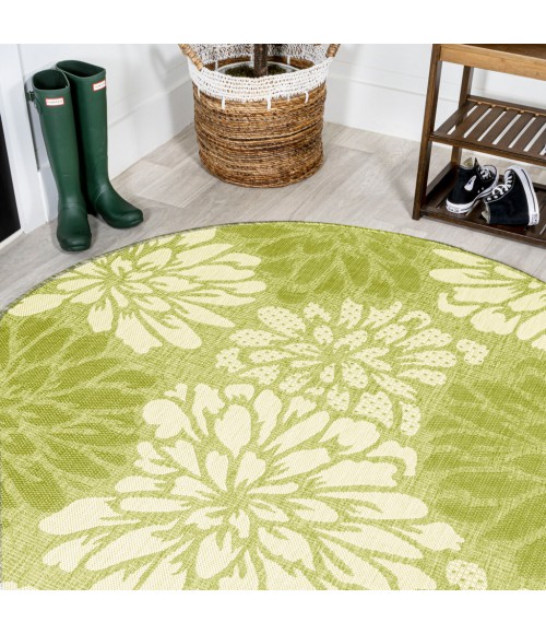 SANTA MONICA Area Rug Zinnia Modern Floral Textured Weave Green/Cream 5' Round Indoor/Outdoor Area Rug