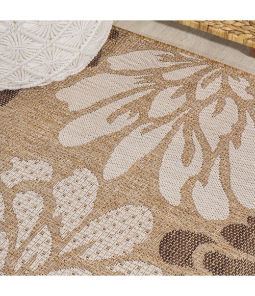 SANTA MONICA Area Rug Zinnia Modern Floral Textured Weave Brown/Cream 5' Square Indoor/Outdoor Area Rug