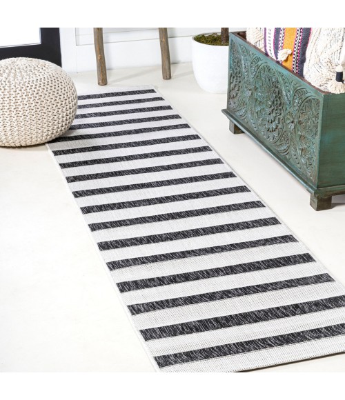 SANTA MONICA Area Rug Aveiro Wide Stripe Black/Cream 2 ft. x 10 ft. Indoor/Outdoor Runner Rug
