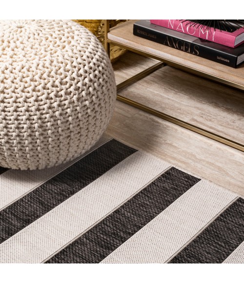 SANTA MONICA Area Rug Aveiro Wide Stripe Black/Cream 2 ft. x 10 ft. Indoor/Outdoor Runner Rug