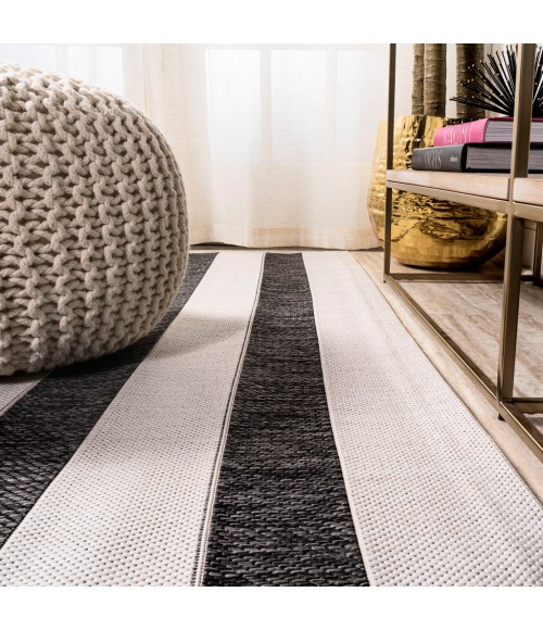 SANTA MONICA Area Rug Aveiro Wide Stripe Black/Cream 2 ft. x 10 ft. Indoor/Outdoor Runner Rug