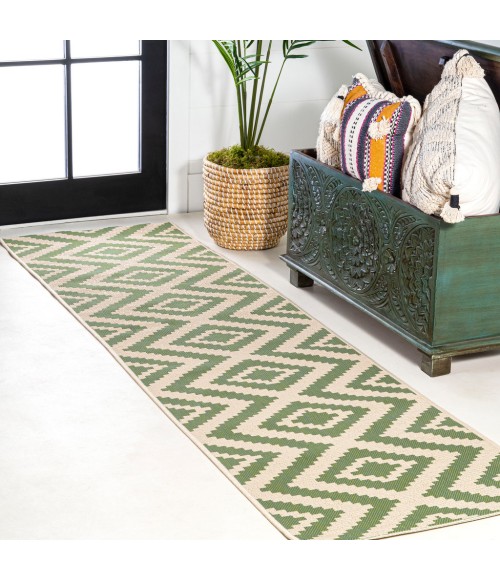 SANTA MONICA Area Rug Sintra Diamond Tribal Green/Cream 2 ft. x 10 ft. Indoor/Outdoor Runner Rug