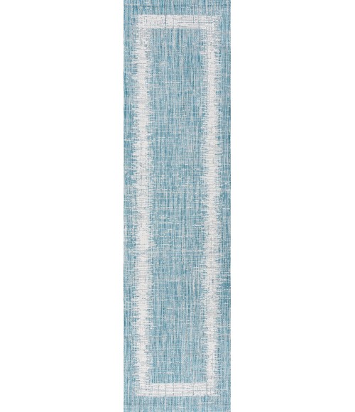 Scandi Minimalist Border Aqua/Ivory 2 ft. x 8 ft. Indoor/Outdoor Runner Rug