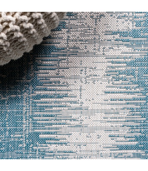 Scandi Minimalist Border Aqua/Ivory 2 ft. x 8 ft. Indoor/Outdoor Runner Rug