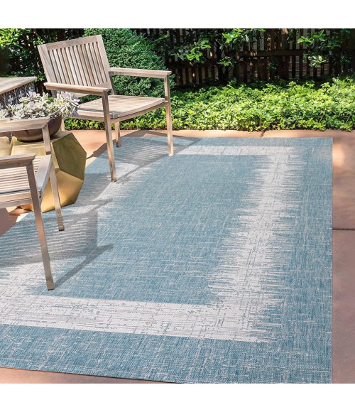 Scandi Minimalist Border Aqua/Ivory 3 ft. x 5 ft. Indoor/Outdoor Area Rug