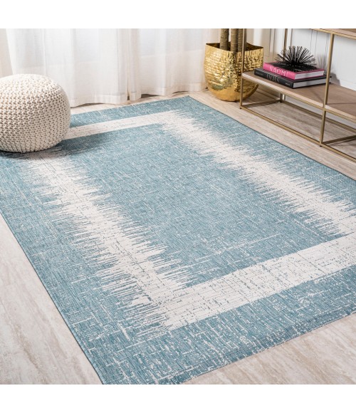 Scandi Minimalist Border Aqua/Ivory 3 ft. x 5 ft. Indoor/Outdoor Area Rug