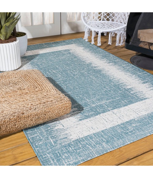 Scandi Minimalist Border Aqua/Ivory 3 ft. x 5 ft. Indoor/Outdoor Area Rug