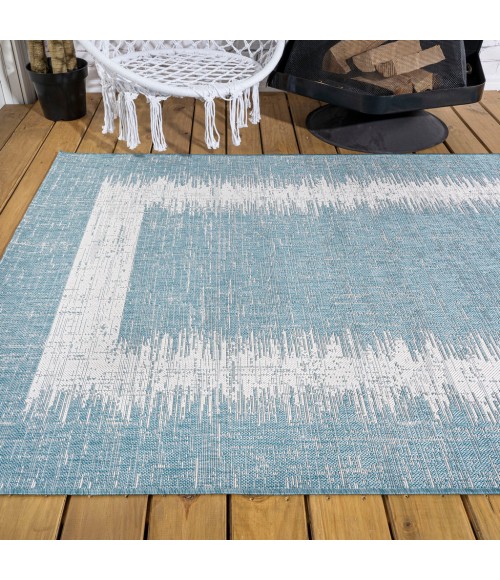 Scandi Minimalist Border Aqua/Ivory 3 ft. x 5 ft. Indoor/Outdoor Area Rug