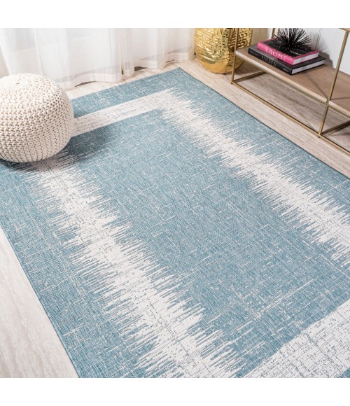 Scandi Minimalist Border Aqua/Ivory 3 ft. x 5 ft. Indoor/Outdoor Area Rug