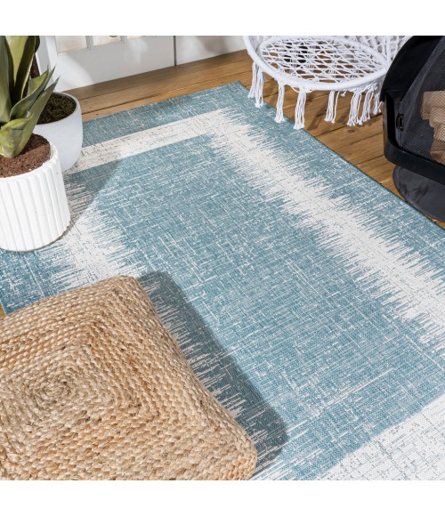 Scandi Minimalist Border Aqua/Ivory 3 ft. x 5 ft. Indoor/Outdoor Area Rug