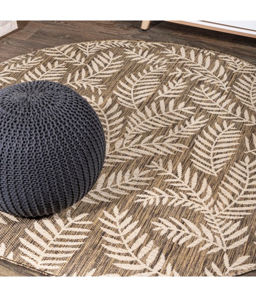 SANTA MONICA Area Rug Nevis Palm Frond Brown/Beige 5' Round Indoor/Outdoor Area Rug