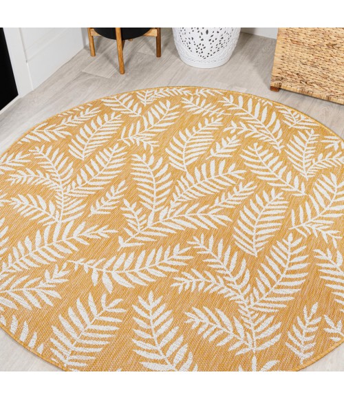 SANTA MONICA Area Rug Nevis Palm Frond Yellow/Cream 5' Round Indoor/Outdoor Area Rug
