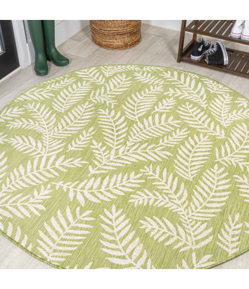 SANTA MONICA Area Rug Nevis Palm Frond Green/Cream 5' Round Indoor/Outdoor Area Rug