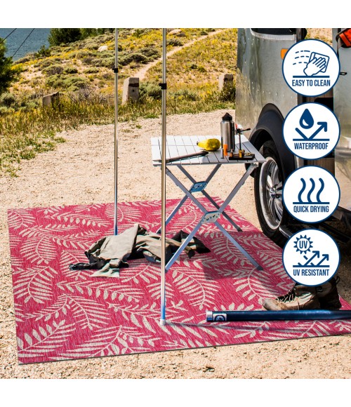 SANTA MONICA Area Rug Nevis Palm Frond Fuchsia/Light Gray 5' Square Indoor/Outdoor Area Rug