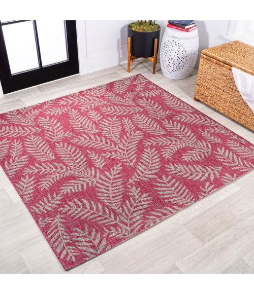 SANTA MONICA Area Rug Nevis Palm Frond Fuchsia/Light Gray 5' Square Indoor/Outdoor Area Rug