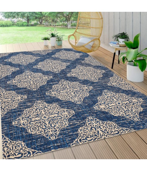 SANTA MONICA Area Rug Tuscany Ornate Medallions Navy/Beige 8 ft. x 10 ft. Indoor/Outdoor Area Rug