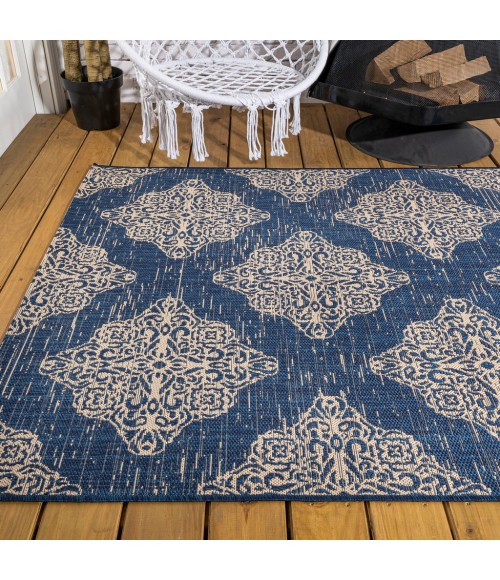 SANTA MONICA Area Rug Tuscany Ornate Medallions Navy/Beige 8 ft. x 10 ft. Indoor/Outdoor Area Rug