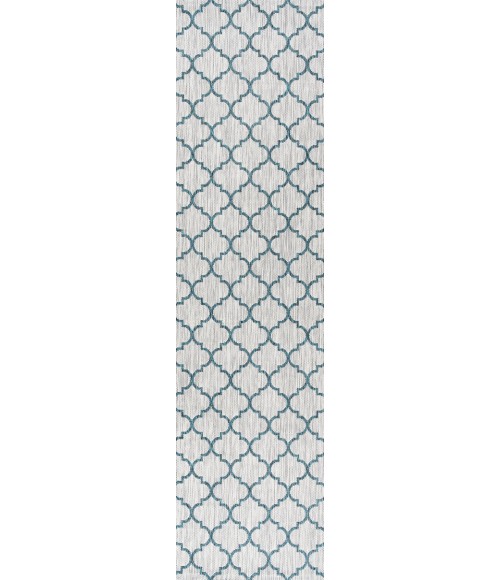 SANTA MONICA Area Rug Arabesque Ogee Trellis Gray/Teal 2 ft. x 8 ft. Indoor/Outdoor Runner Rug