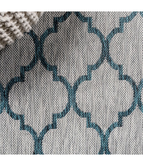 SANTA MONICA Area Rug Arabesque Ogee Trellis Gray/Teal 2 ft. x 8 ft. Indoor/Outdoor Runner Rug