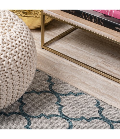 SANTA MONICA Area Rug Arabesque Ogee Trellis Gray/Teal 2 ft. x 8 ft. Indoor/Outdoor Runner Rug
