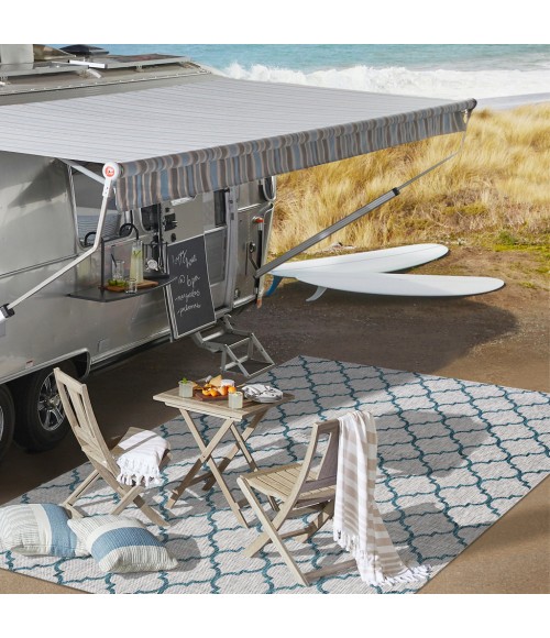 SANTA MONICA Area Rug Arabesque Ogee Trellis Gray/Teal 2 ft. x 8 ft. Indoor/Outdoor Runner Rug