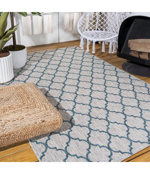 SANTA MONICA Area Rug Arabesque Ogee Trellis Gray/Teal 4 ft. x 6 ft. Indoor/Outdoor Area Rug