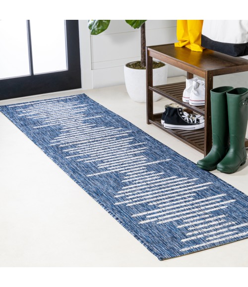 SANTA MONICA Area Rug Zolak Berber Stripe Geometric Blue/Ivory 2 ft. x 10 ft. Indoor/Outdoor Runner Rug